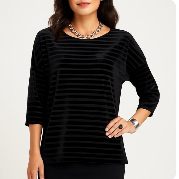 Chicos Black Velvet Burnout Striped Tunic Size 1 M Dolman Sleeve Dressy Fall Top - Picture 1 of 10